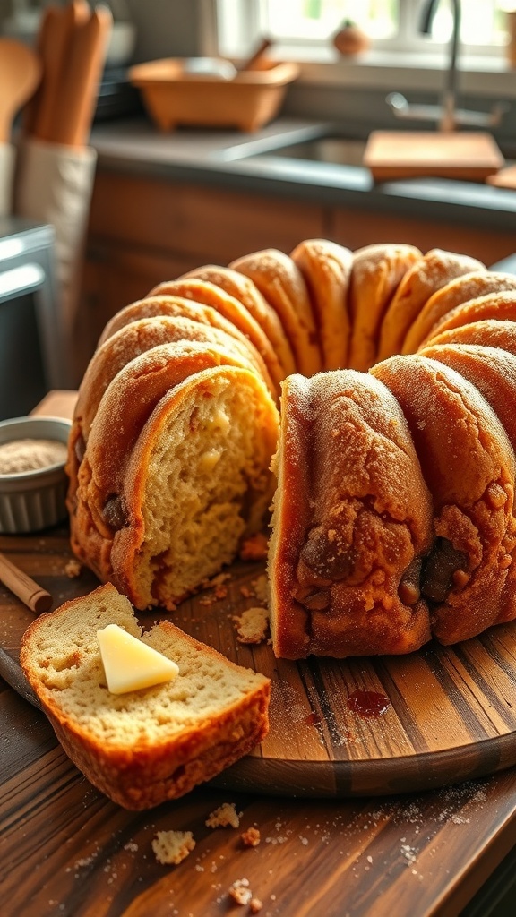 Easy Monkey Bread Recipe A delicious pull-apart monkey bread with cinnamon sugar, served on a wooden table.